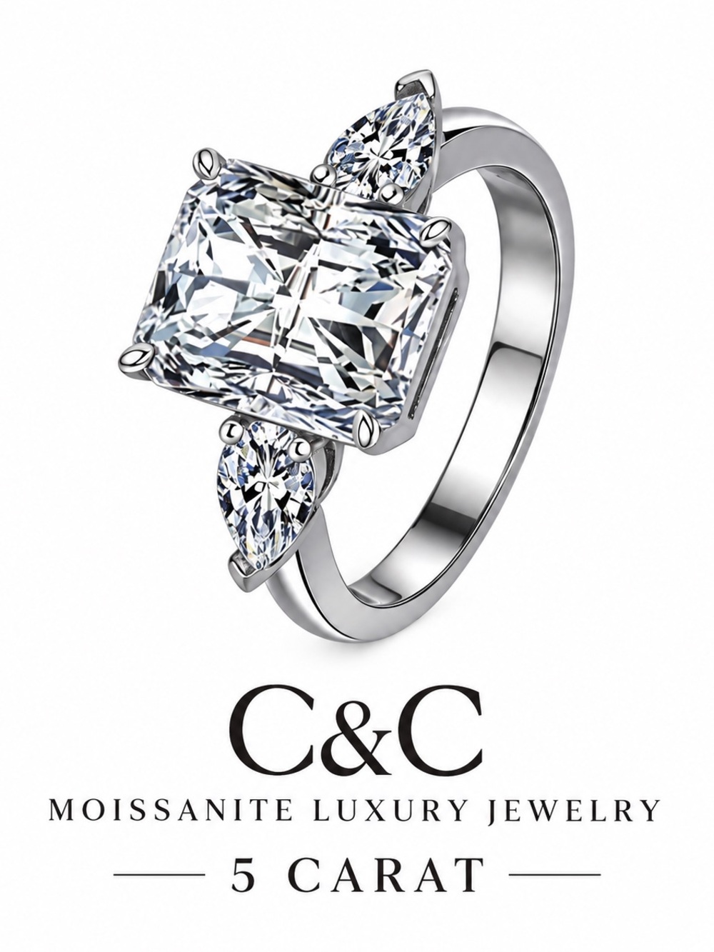 C.C Clear Moissanite Three-Stone Silver-Tone Ring